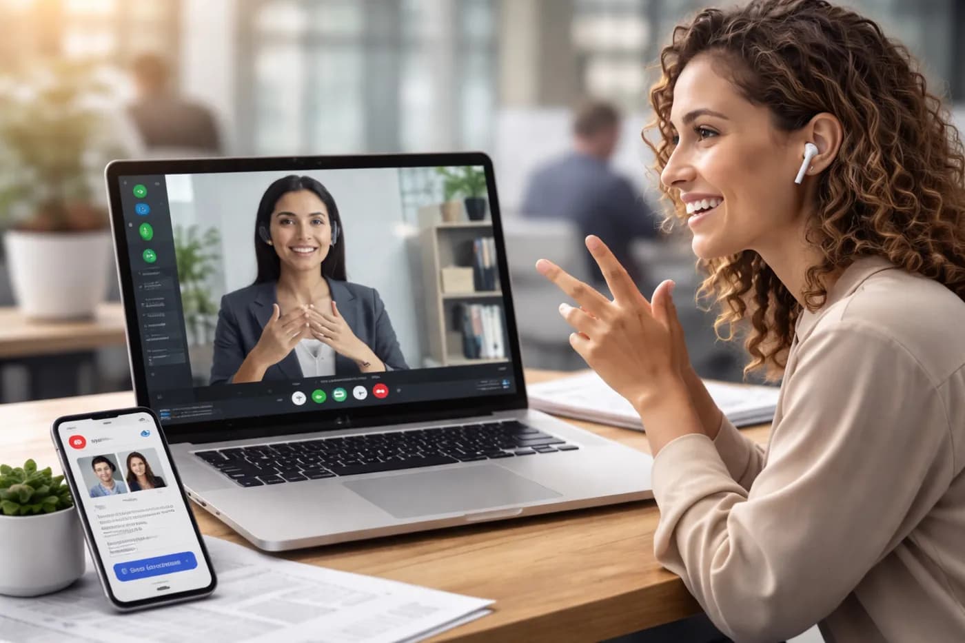 Deaf and hearing colleagues communicating